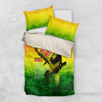 Bob Marley bedding set with green-yellow-orange duvet, 2 pillows, partial white cover