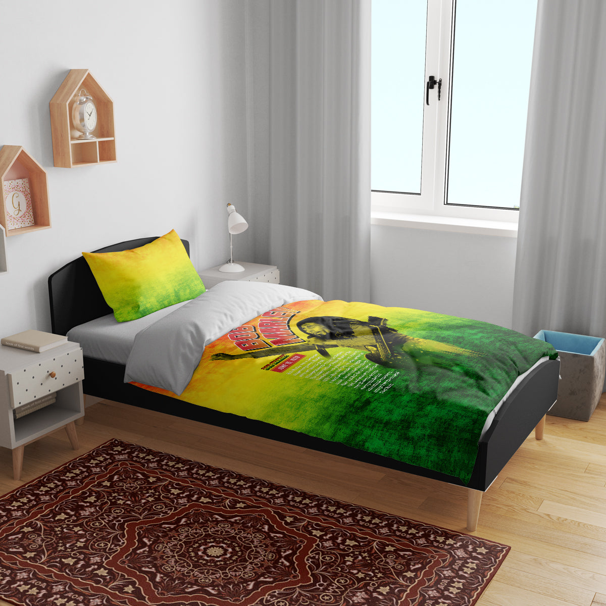 Bob Marley bedding set with green-yellow-orange duvet and 2 bright yellow pillows
