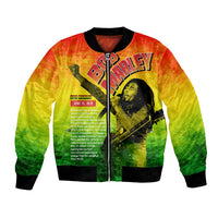 Colorful bomber jacket with front zipper, ribbed cuffs, reggae-style graphic print