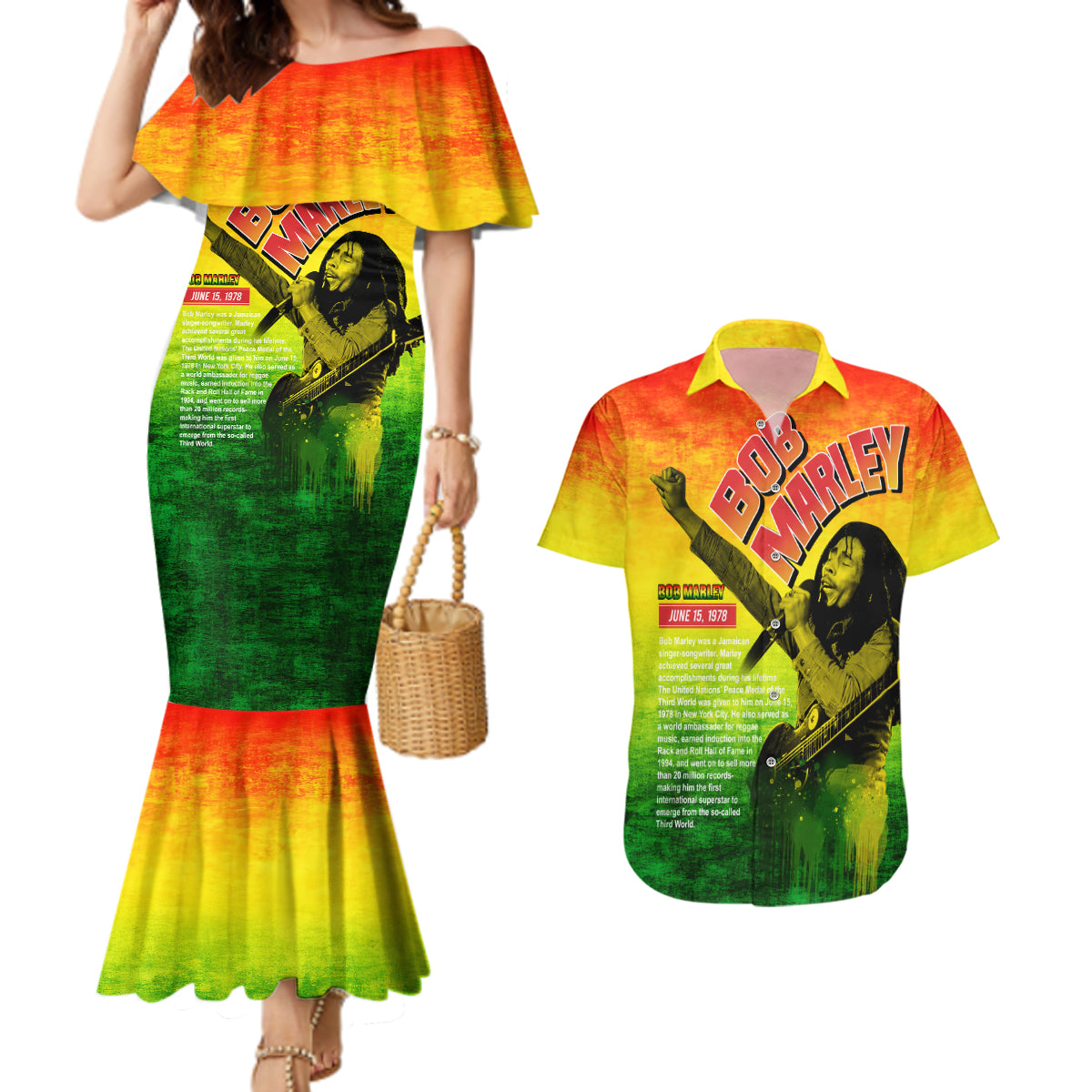 The Real Bob Marley Couples Matching Mermaid Dress and Hawaiian Shirt African Jamaica Reggae