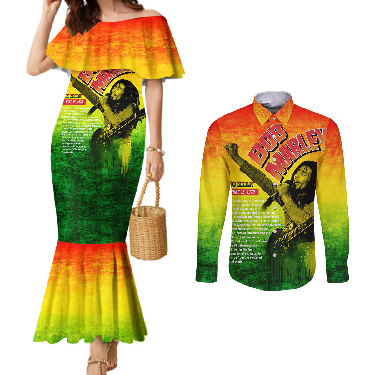 The Real Bob Marley Couples Matching Mermaid Dress and Long Sleeve Button Shirt African Jamaica Reggae