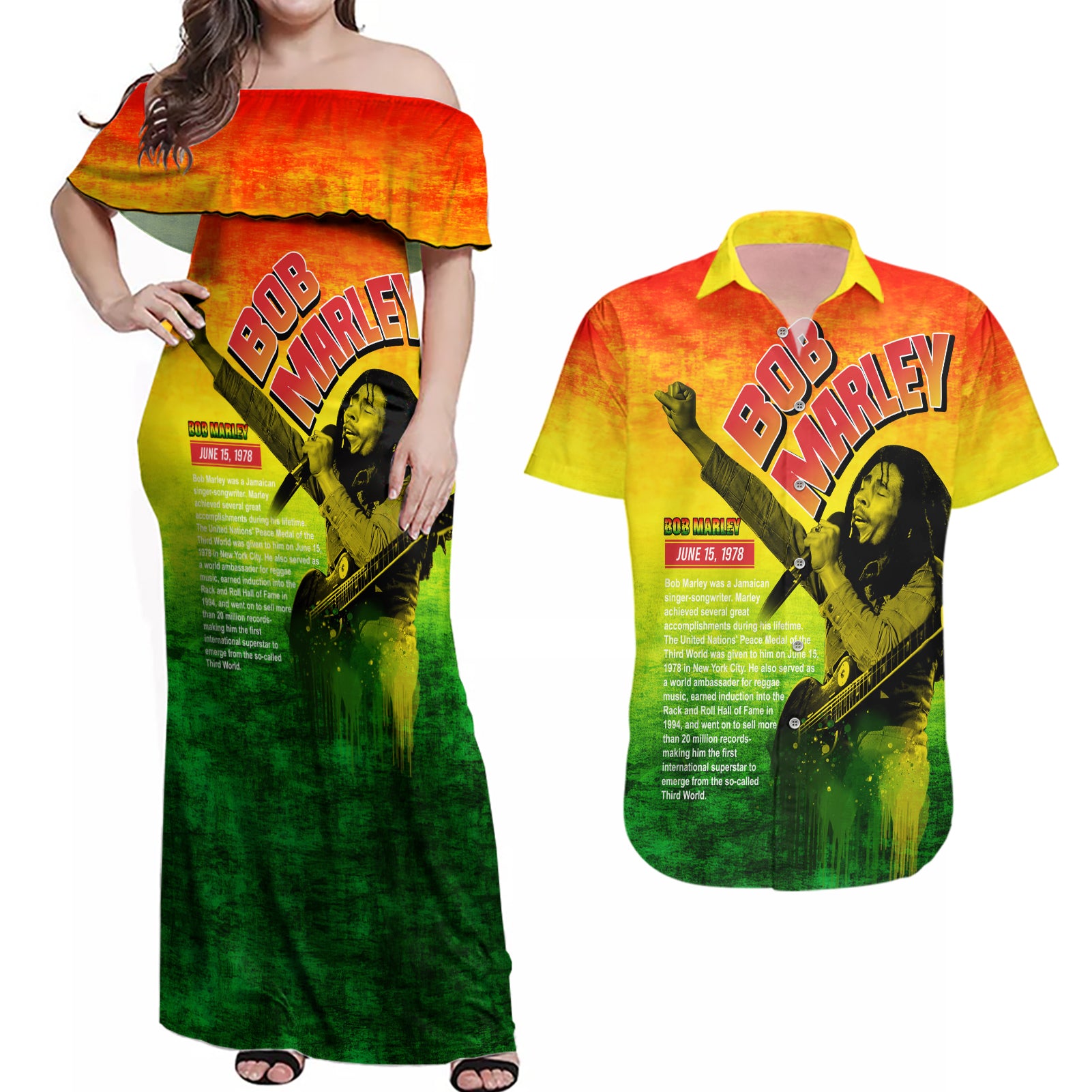 The Real Bob Marley Couples Matching Off Shoulder Maxi Dress and Hawaiian Shirt African Jamaica Reggae