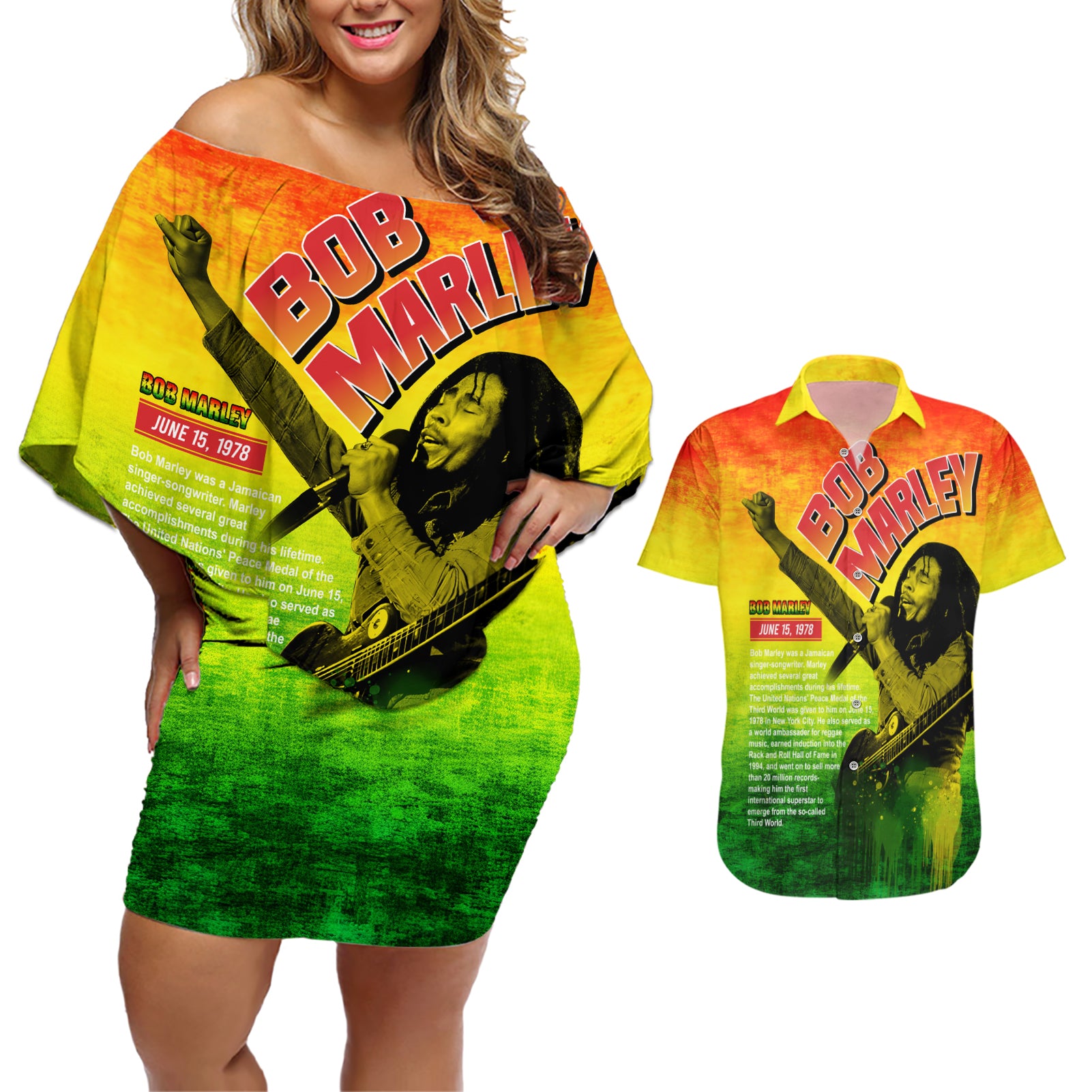 The Real Bob Marley Couples Matching Off Shoulder Short Dress and Hawaiian Shirt African Jamaica Reggae