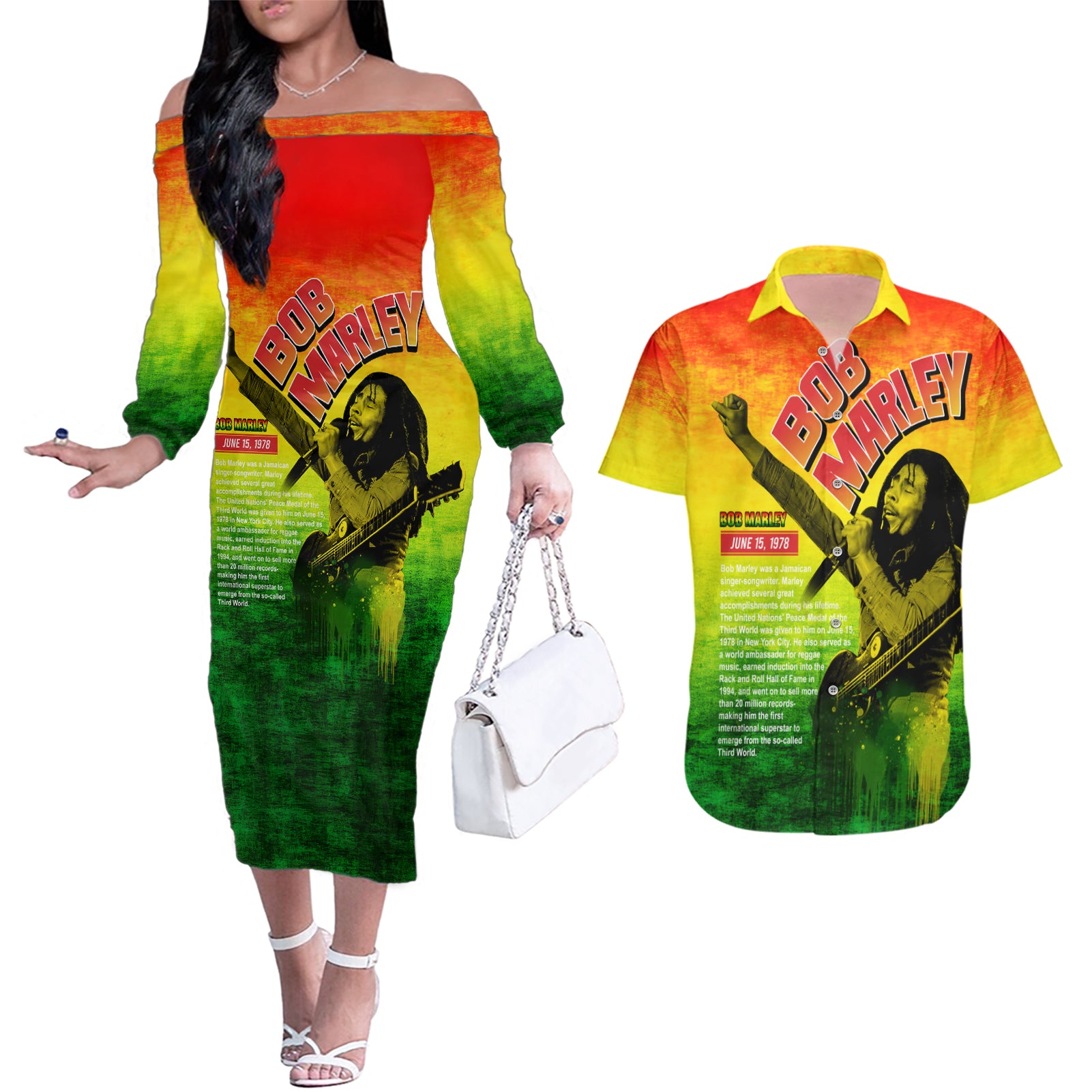 The Real Bob Marley Couples Matching Off The Shoulder Long Sleeve Dress and Hawaiian Shirt African Jamaica Reggae