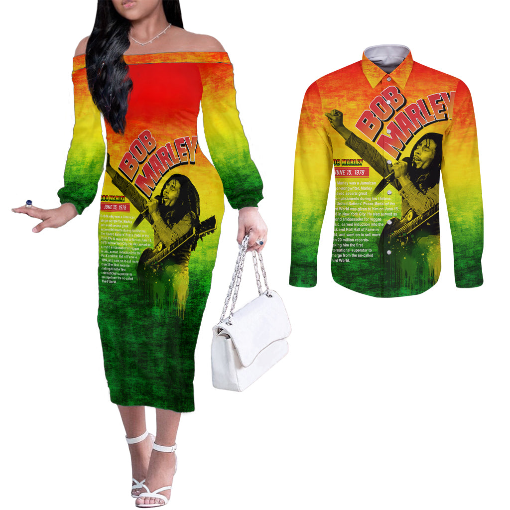 The Real Bob Marley Couples Matching Off The Shoulder Long Sleeve Dress and Long Sleeve Button Shirt African Jamaica Reggae