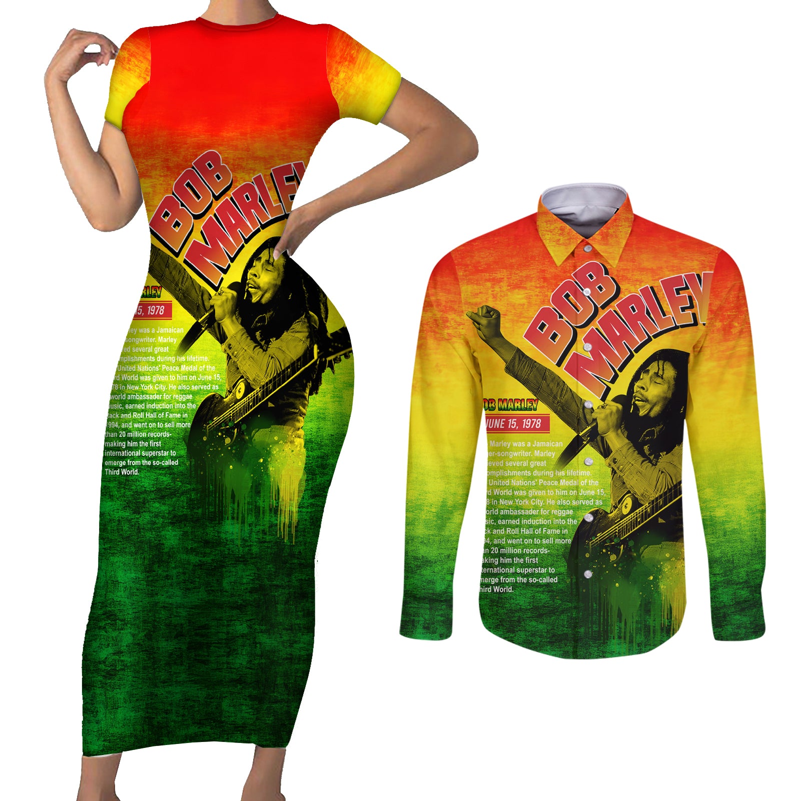 The Real Bob Marley Couples Matching Short Sleeve Bodycon Dress and Long Sleeve Button Shirt African Jamaica Reggae