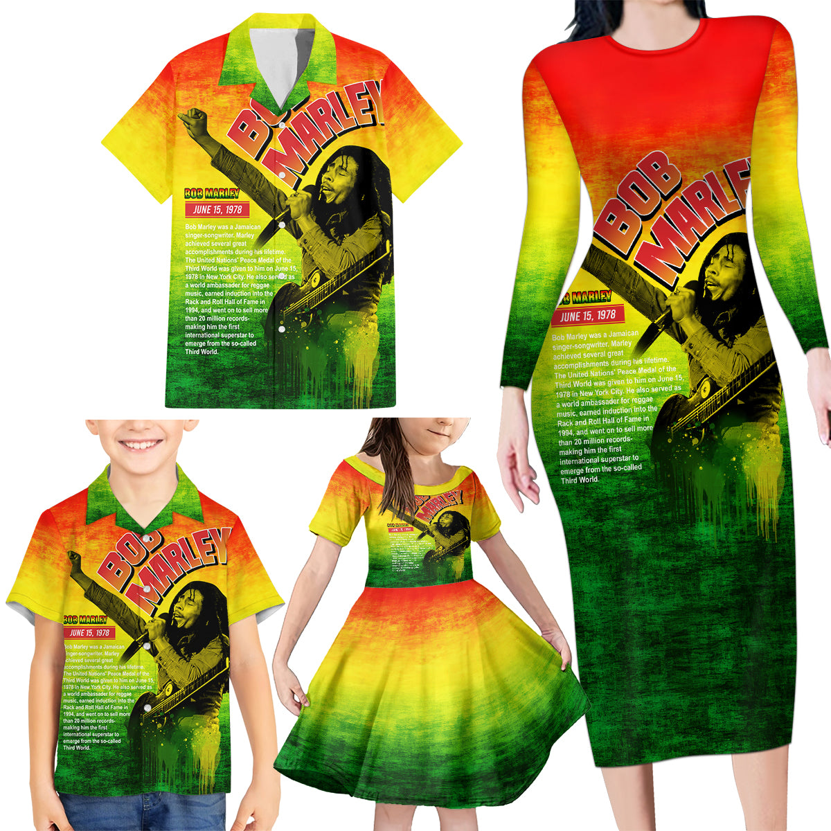 The Real Bob Marley Family Matching Long Sleeve Bodycon Dress and Hawaiian Shirt African Jamaica Reggae