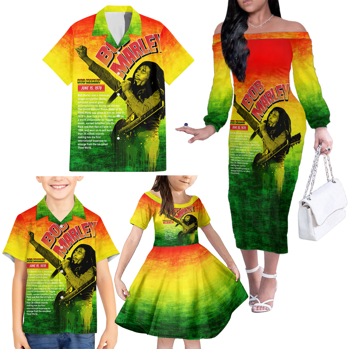 The Real Bob Marley Family Matching Off Shoulder Long Sleeve Dress and Hawaiian Shirt African Jamaica Reggae