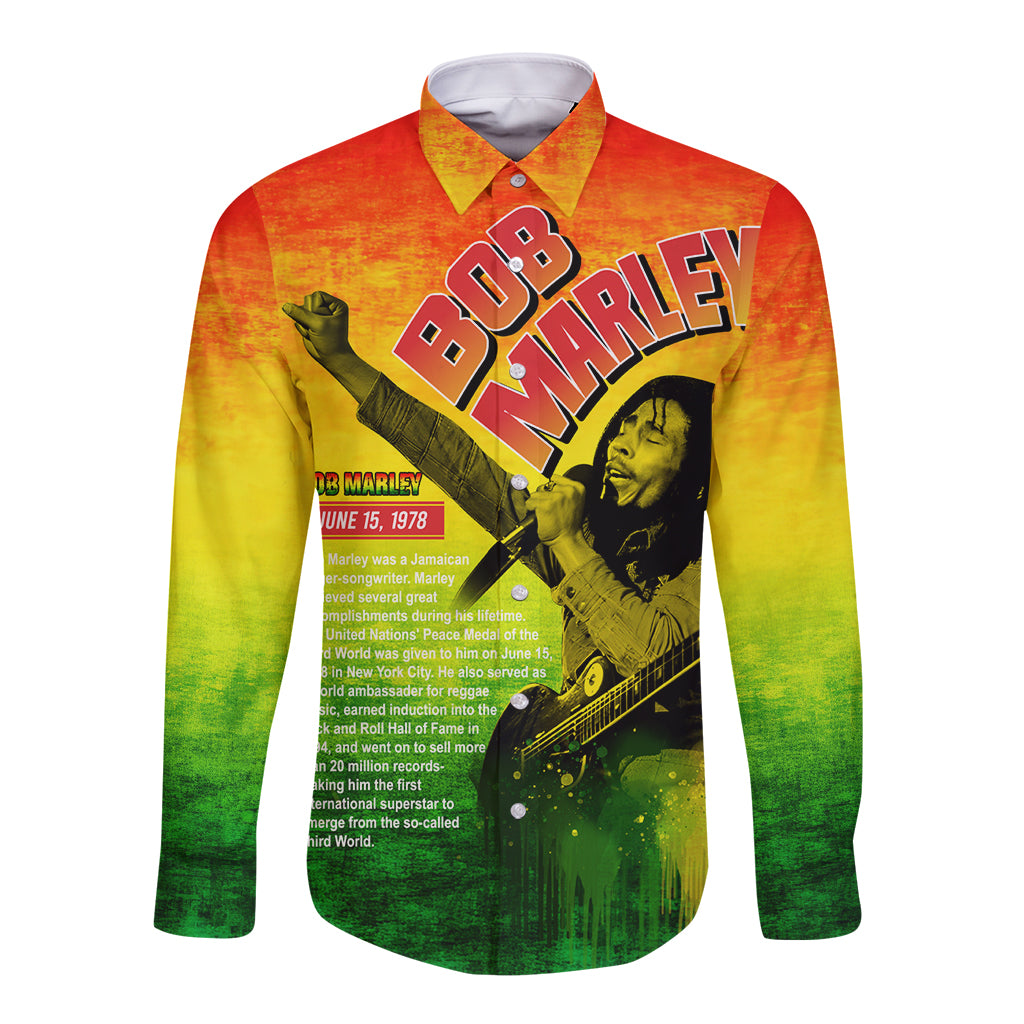 Unisex long-sleeve button shirt with Bob Marley graphic, orange-yellow-green gradient