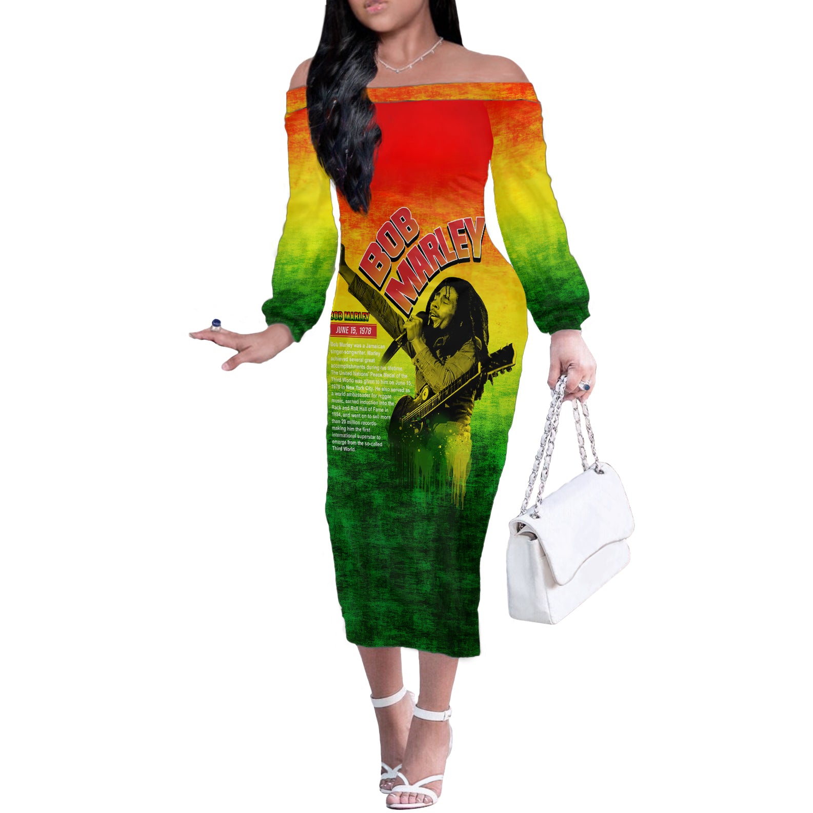 The Real Bob Marley Off The Shoulder Long Sleeve Dress African Jamaica Reggae