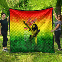 Quilt blanket with red-yellow-green gradient and black border, musician graphic, diamond stitching.