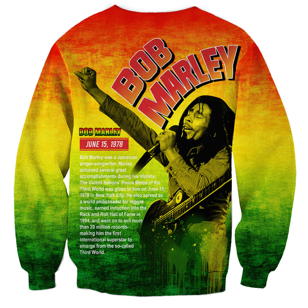 Unisex crewneck sweatshirt with Marley portrait, 'RB MARLEY' text and guitar print