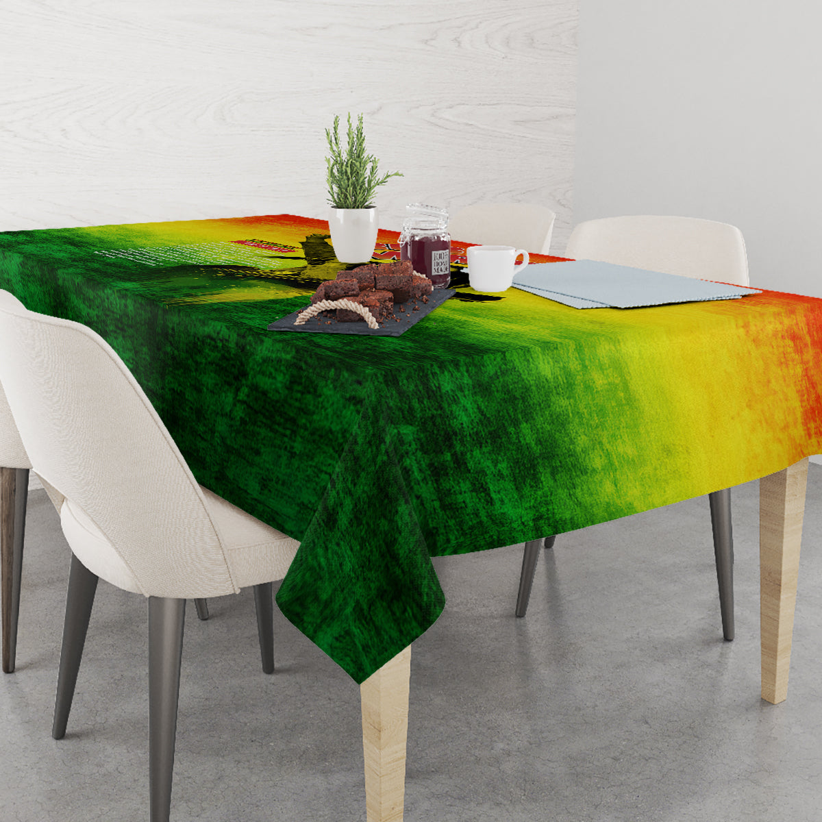 Rectangular tablecloth with green-yellow-red gradient and reggae style artwork
