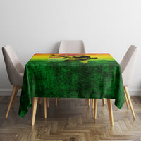 Rectangular tablecloth with green and red-yellow top stripe, reggae artwork