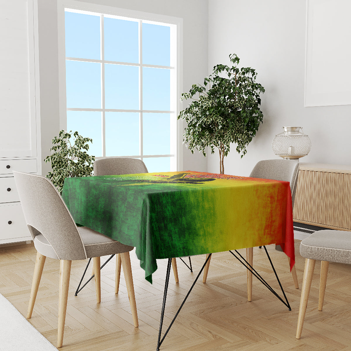 Rectangular tablecloth covering dining table, multicolor green-yellow-red print