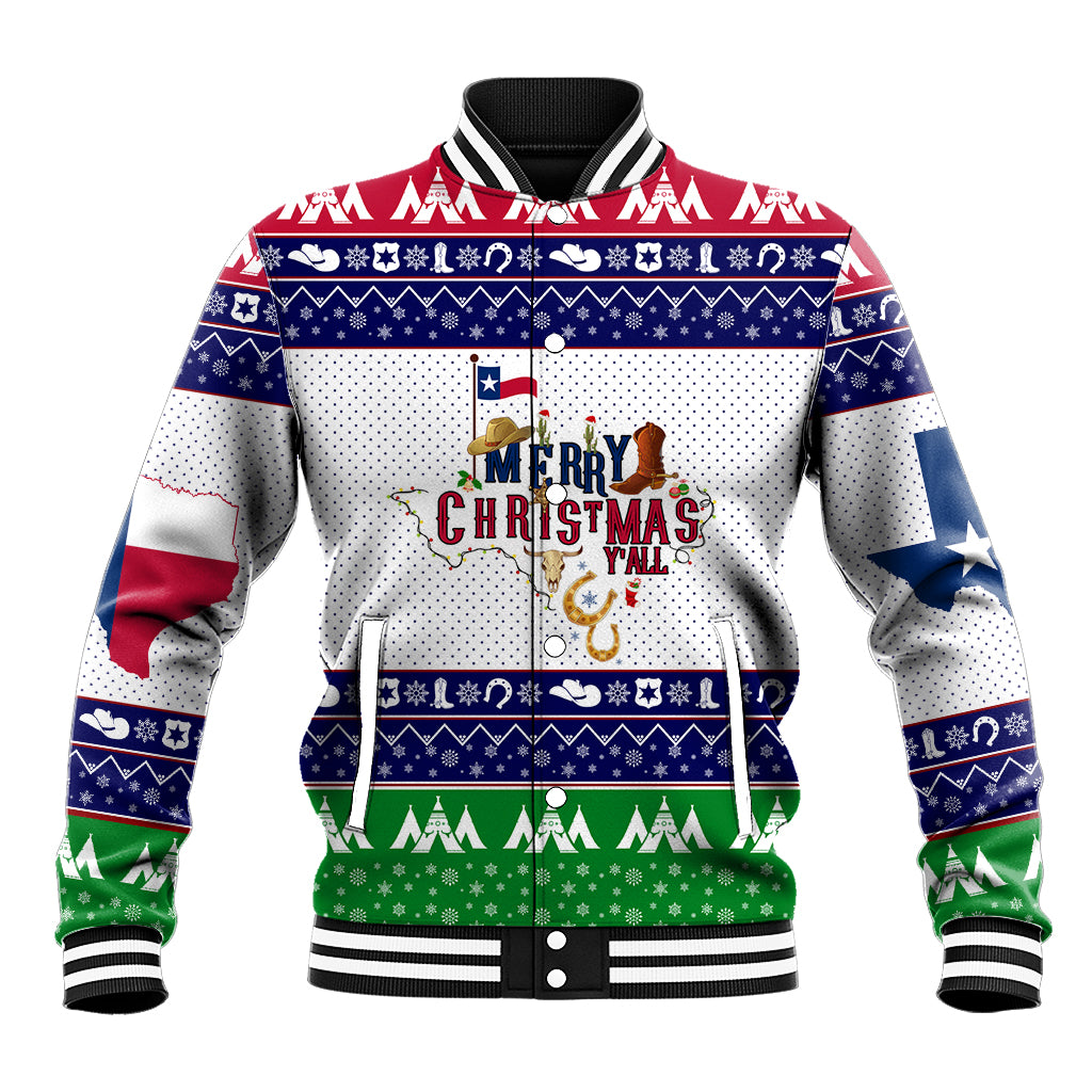 Unisex baseball jacket with red, blue, and white Christmas graphic front and sleeves