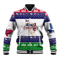 Unisex baseball jacket with red, blue, and white Christmas graphic front and sleeves