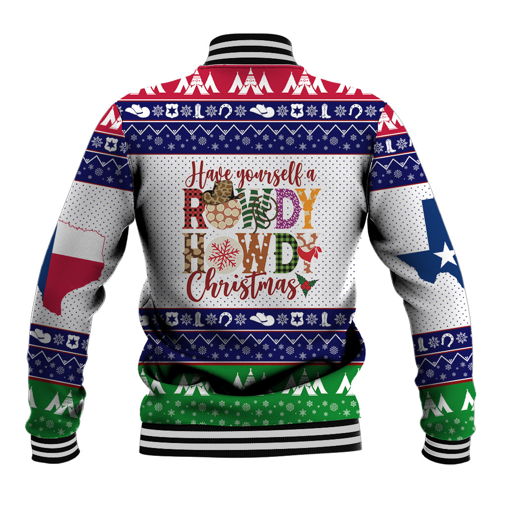 Unisex baseball jacket with back Christmas greeting text graphic, multicolor festive trim