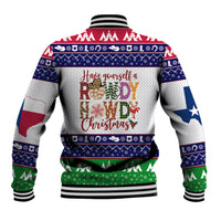 Unisex baseball jacket with back Christmas greeting text graphic, multicolor festive trim