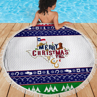 Round beach blanket with Merry Christmas Y'all, shown on wood deck by the pool