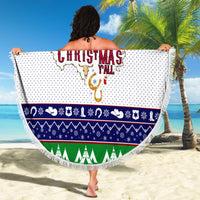 Round beach blanket held up on the beach, Merry Christmas Y'all center design
