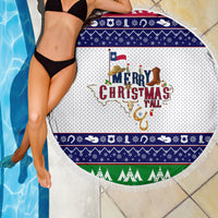 Round beach blanket with Merry Christmas Y'all and Texas map print, blue border fringe