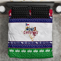Christmas bedding set with navy star top, blue stripe, green trees border, white center print