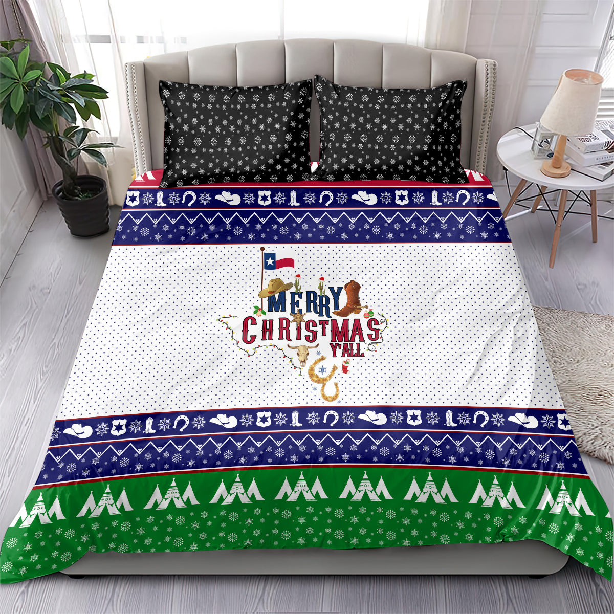 Christmas bedding set with navy star pillowcases, blue patterned band, green tree border, white panel