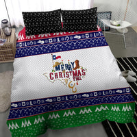 Christmas bedding set showing white panel with “Merry Christmas Yall” cowboy graphic and green tree edge