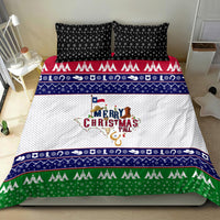 Christmas bedding set with white “Merry Christmas Yall” center, navy blue stripe, green tree bottom
