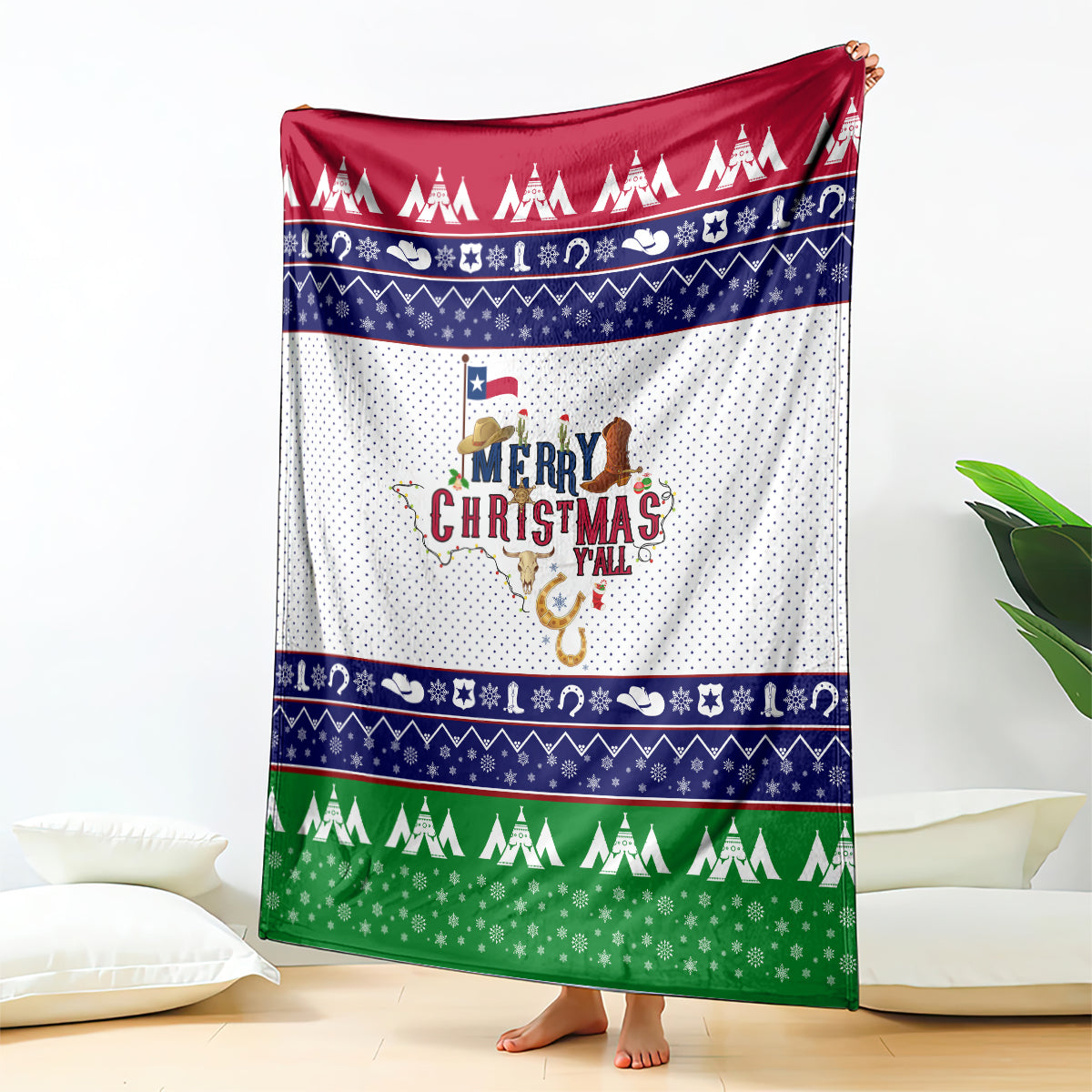 Christmas throw blanket with red, navy, and green stripes, trees, and reindeer graphic