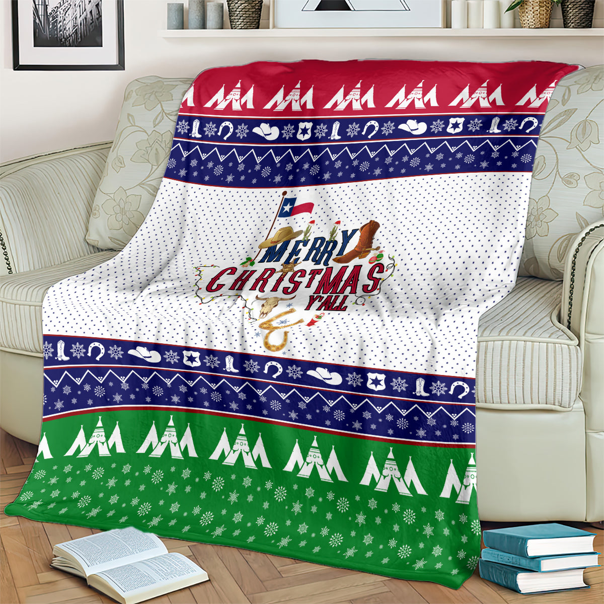 Festive Christmas throw blanket with bold red top stripe, navy patterns, and green bottom trees