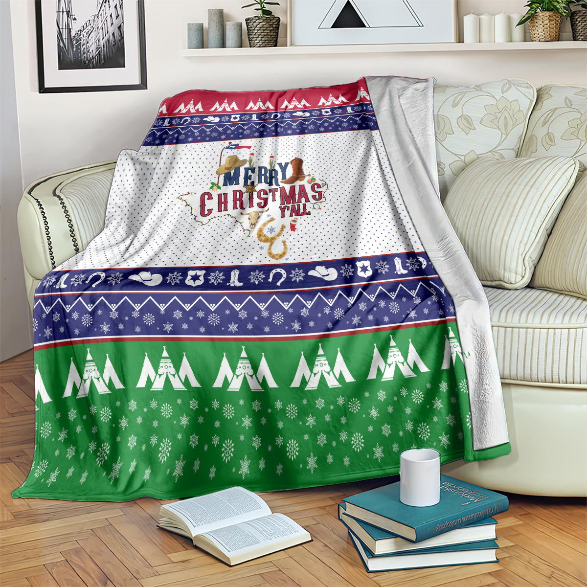 Christmas blanket with center reindeer graphic, red-navy stripes, and green tree and snow accents