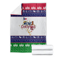 Stacked Christmas throw blanket with red top, navy middle stripe, and green tree-pattern bottom
