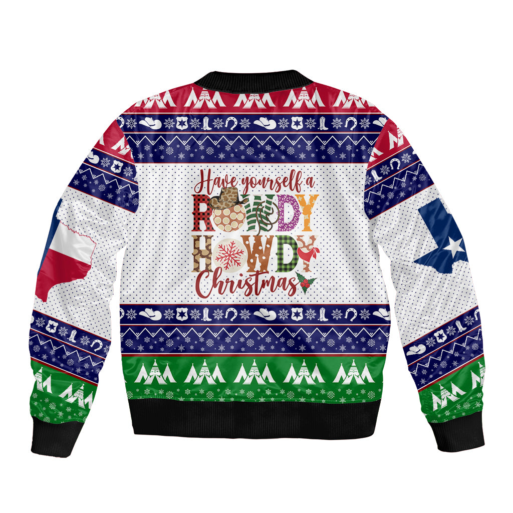 Unisex bomber jacket with festive text graphic, red/navy/green patterned sleeves