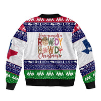 Unisex bomber jacket with festive text graphic, red/navy/green patterned sleeves