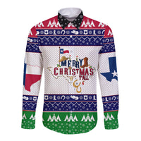Unisex long-sleeve button shirt with festive Texas-style holiday print, red white blue green