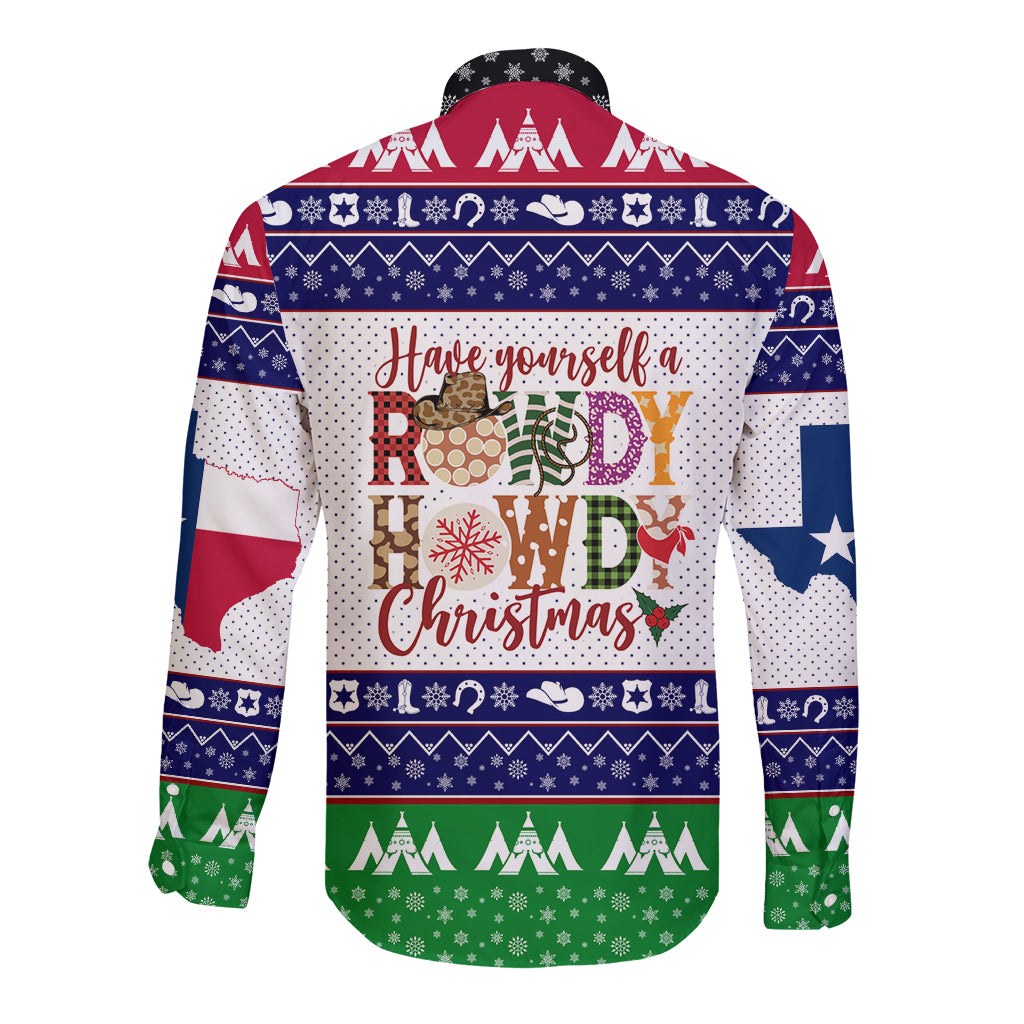 Unisex long-sleeve button shirt with large holiday text graphic on back, red blue green