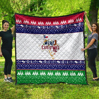 Texas Christmas quilt spread outdoors, red navy green borders with white map center