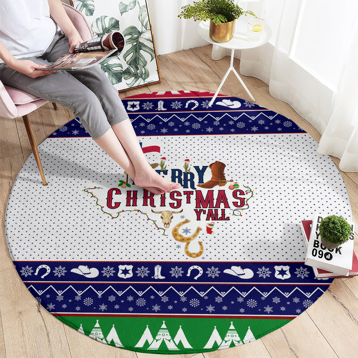 Round Christmas rug featuring 'Merry Christmas y'all' in center, blue and green patterned bands
