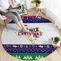 Round Christmas rug featuring 'Merry Christmas y'all' in center, blue and green patterned bands