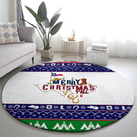 Round Christmas rug with centered 'Merry Christmas y'all' design, blue border and green bottom band