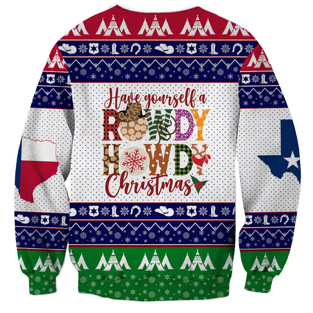 Unisex Christmas sweatshirt with Texas flag patchwork and holiday word art