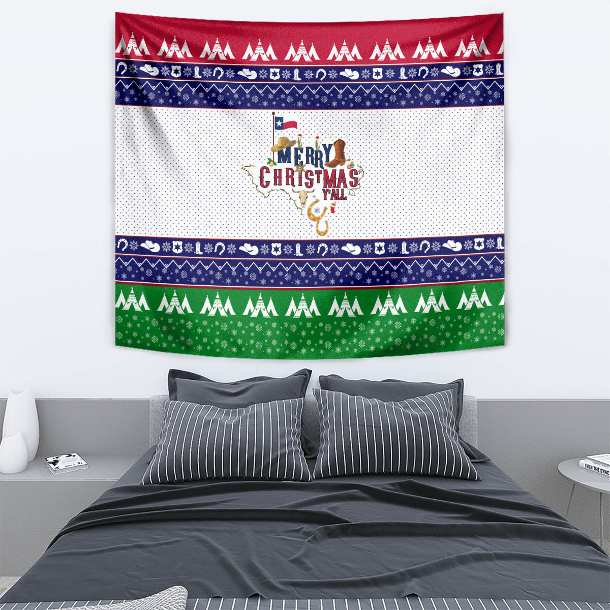 Square Christmas wall tapestry featuring Texas map and “Merry Christmas Y’all” lettering