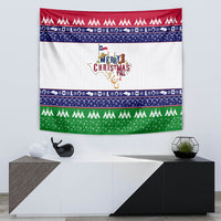 Rectangular Christmas tapestry with red, blue, and green festive border and Texas “Merry Christmas Y’all”