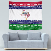 Christmas tapestry showing Texas outline and “Merry Christmas Y’all” across red, blue, green bands