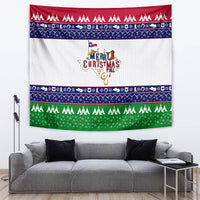 Full view Christmas tapestry with Texas silhouette text “Merry Christmas Y’all” and patterned bands