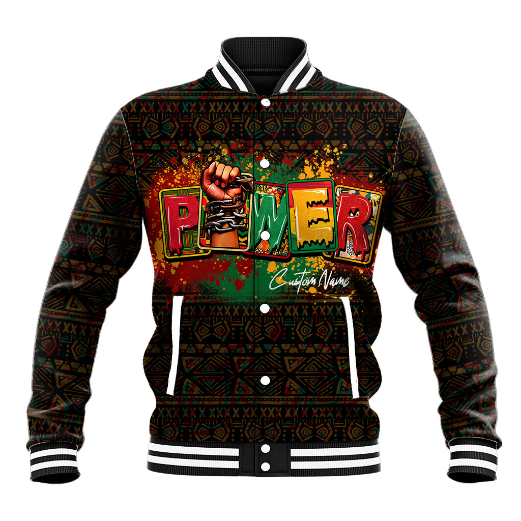 Black varsity baseball jacket with striped collar, ribbed cuffs, and colorful Power graphic