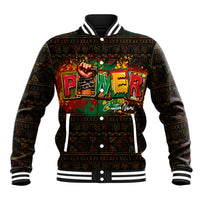 Black varsity baseball jacket with striped collar, ribbed cuffs, and colorful Power graphic