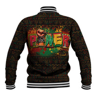Black varsity baseball jacket back with ribbed striped collar and large colorful Power graphic